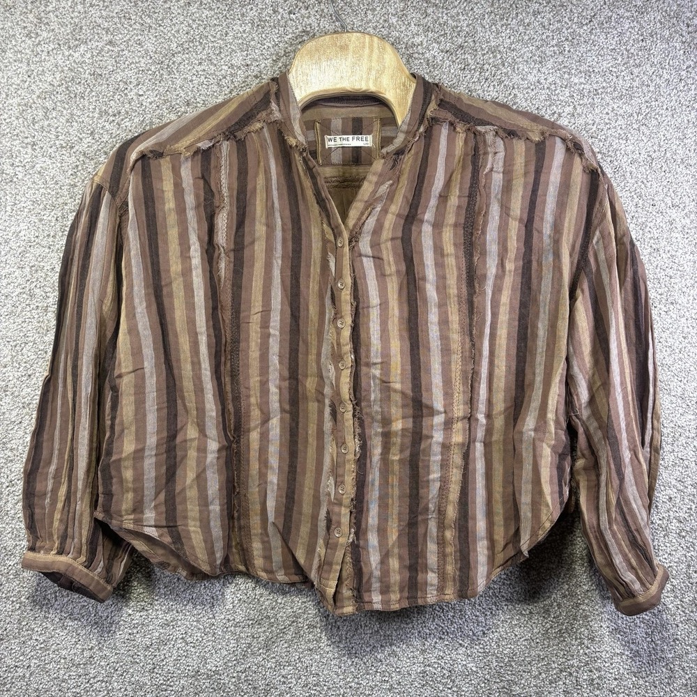 We The Free Free People Brown Striped Cropped Raw Hem Button Down Shirt Large